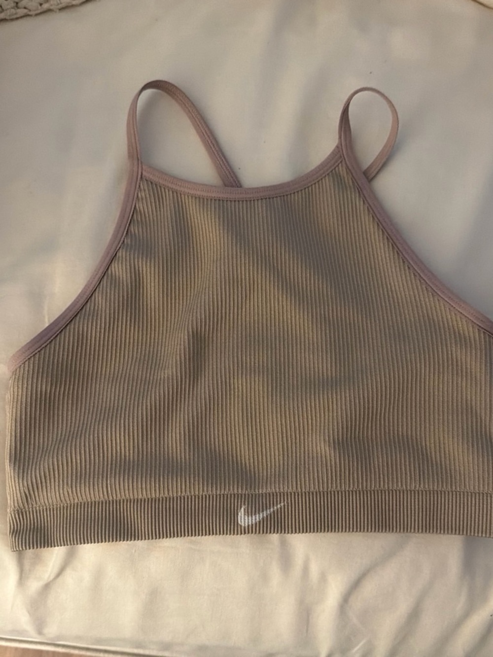 Nike Ribbed High-Neck Sports Bra in Beige with Pink Trim